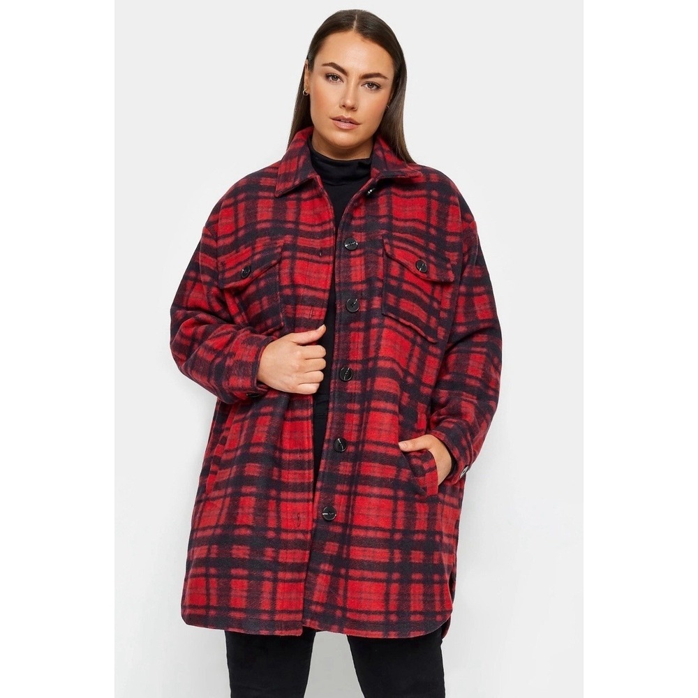 Evans Plaid Shacket Women 22/24 Red Black Check Button Front Lined Shirt Jacket